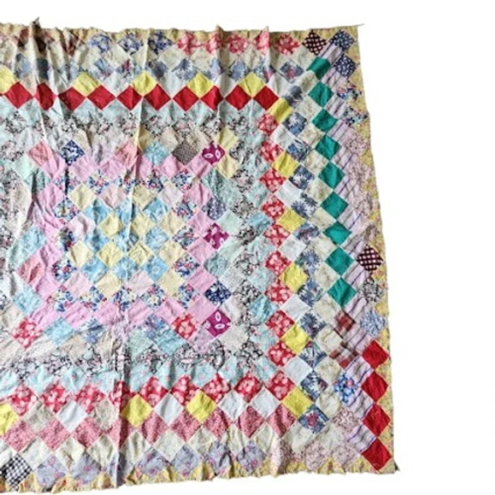 1940s Trip Around World Quilt Top Only Feedsack Patchwork 65x73 Scrap
